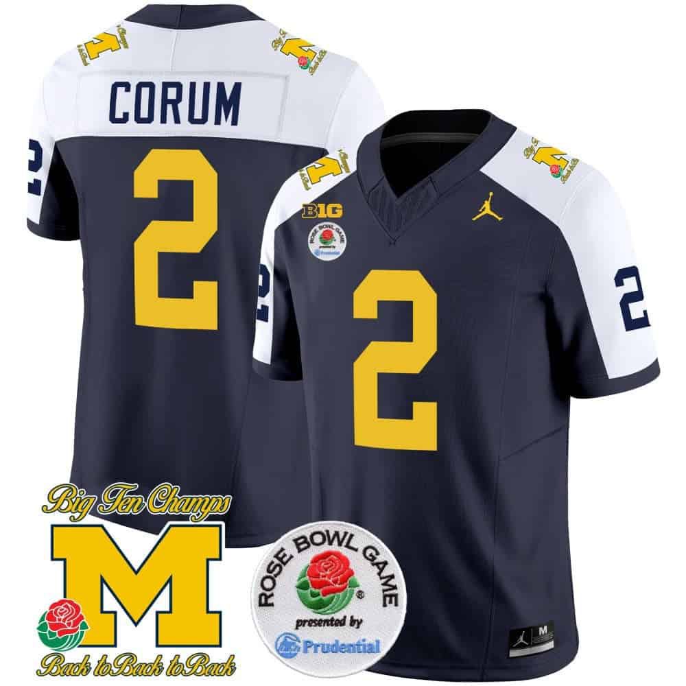 Men Michigan Wolverines #2 Corum Drak Blue 2024 Rose Bowl Patch Vapor Limited NCAA Jersey style 2
